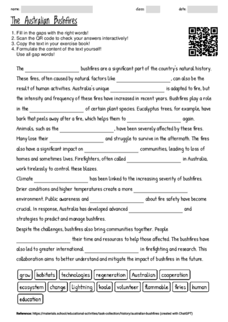 Worksheet With The Topic The Australian Bushfires Materials School